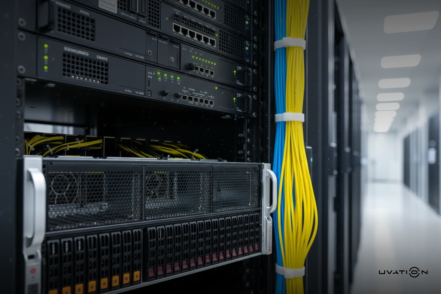 Front view of the SuperMicro SYS-421GE-TNRT 4U GPU server mounted in a rack with multiple hot-swap drive bays and advanced cooling design.
