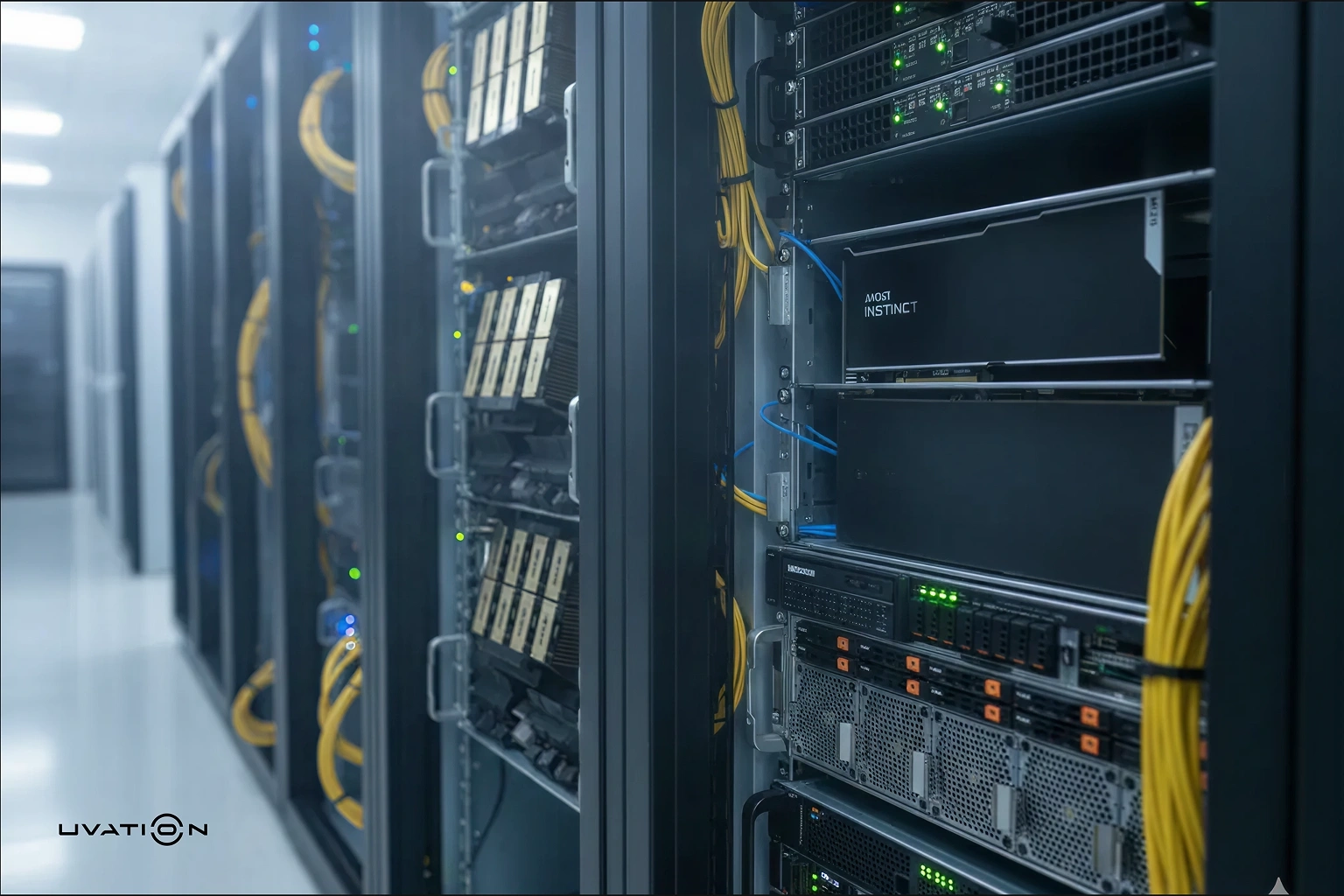 Close-up view of enterprise GPU servers installed in a data center rack, featuring high-speed networking cables, hot-swap drive bays, and optimized airflow design.