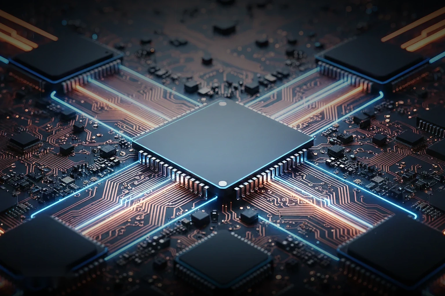 High-detail illustration of a central processing chip on a motherboard with illuminated circuit pathways, representing powerful GPU acceleration and parallel computing performance.