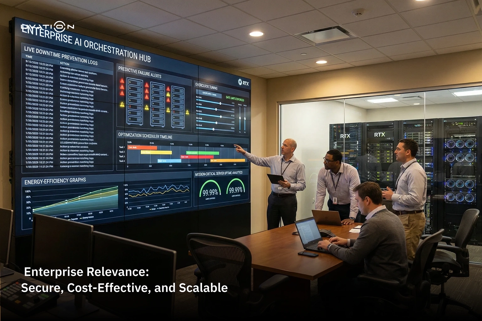 Enterprise IT team reviewing an AI orchestration hub dashboard with predictive failure alerts, uptime metrics, and energy efficiency graphs inside a secure server operations room. 