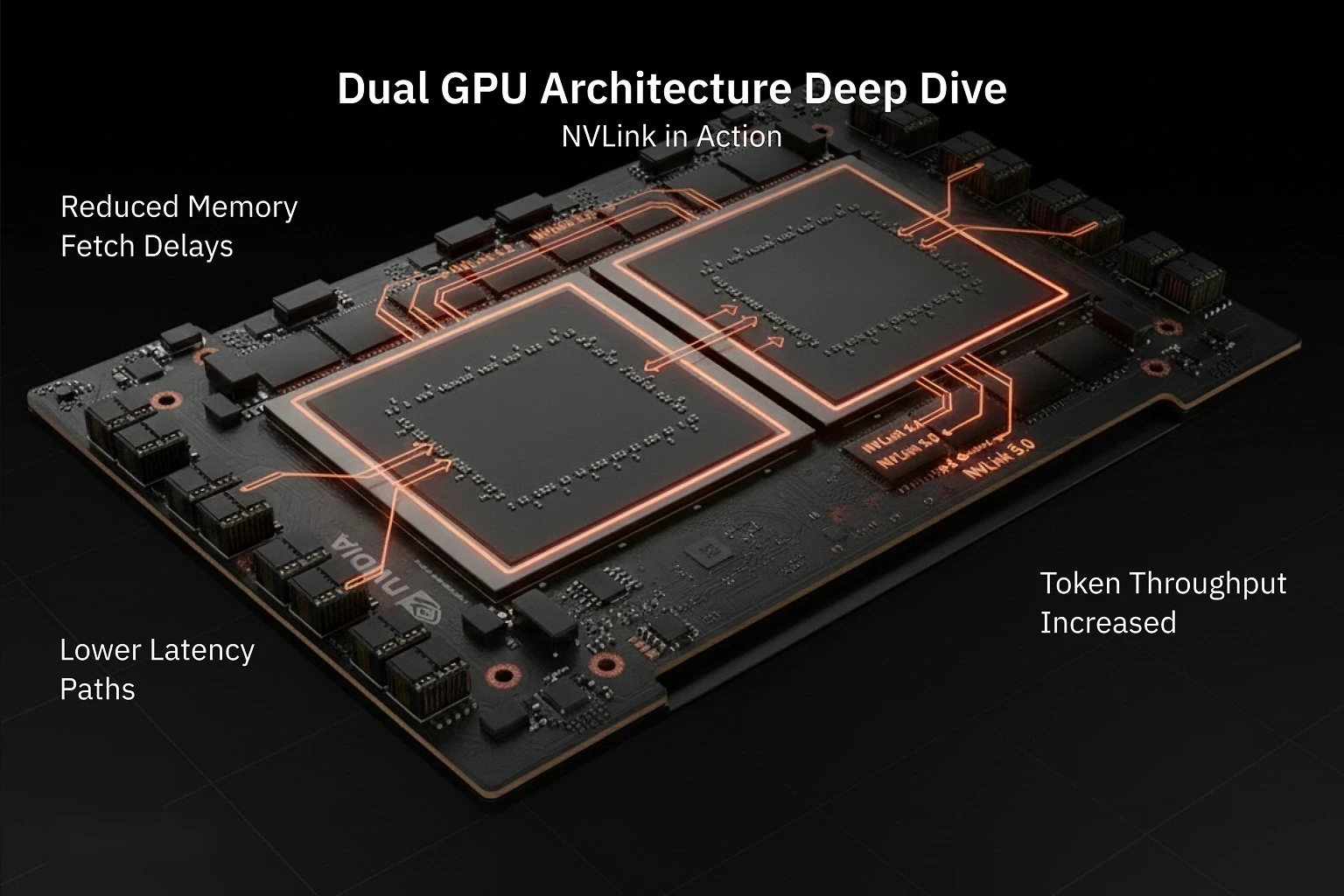 Dual-GPU NVLink board visualization showing reduced memory fetch delays, lower latency paths, and increased token throughput across GPUs