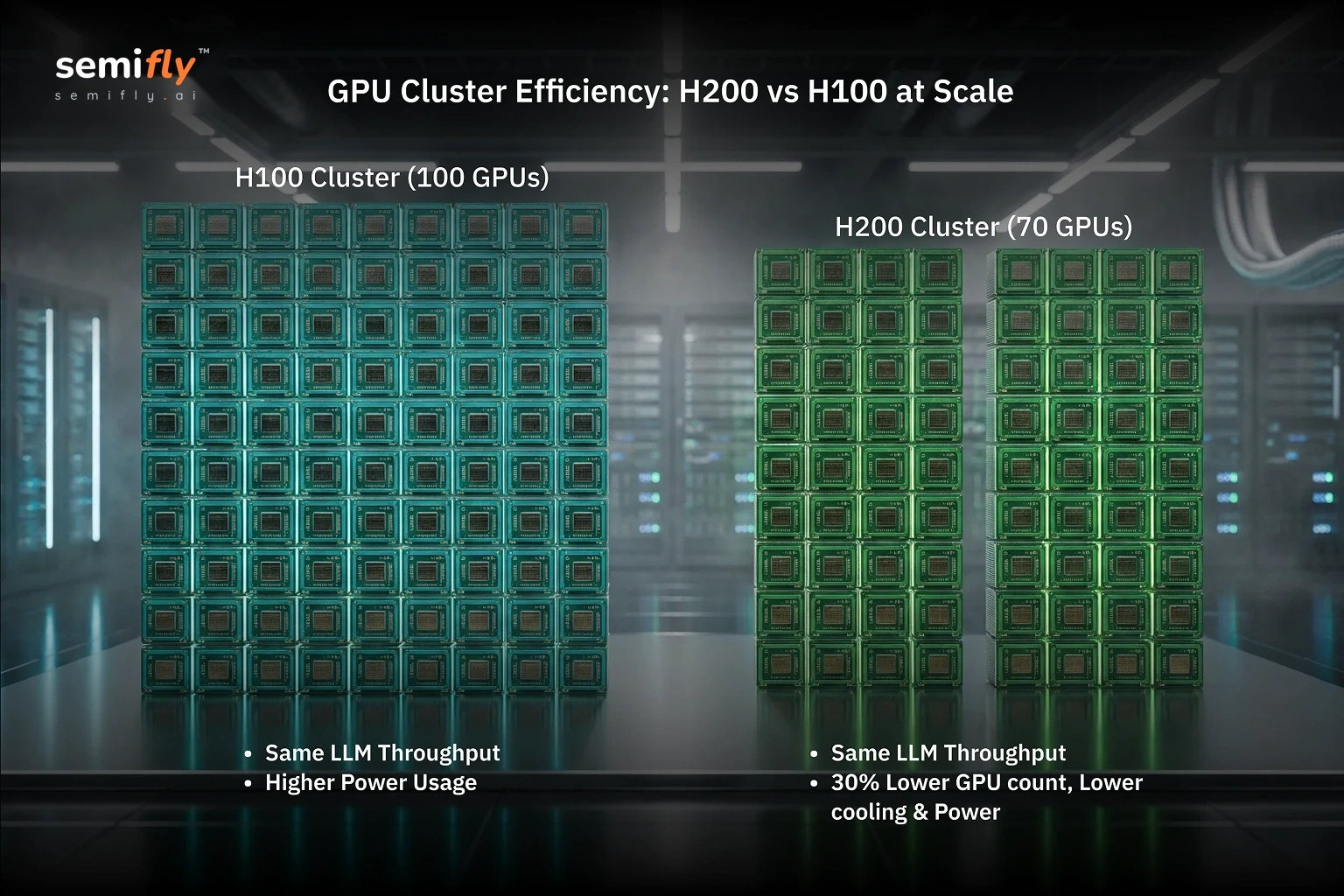 GPU cluster efficiency comparison showing 100 H100 GPUs versus 70 H200 GPUs delivering equal LLM throughput with lower power and cooling.
