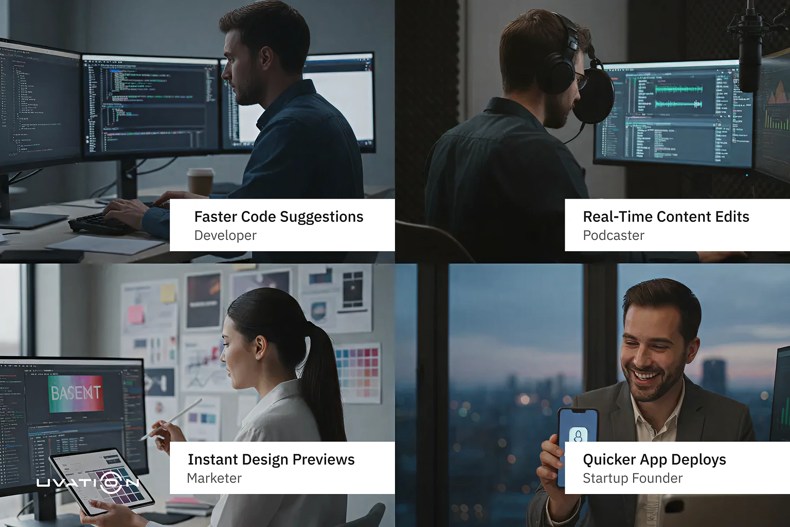 H200 benefits collage for developer, podcaster, marketer, and founder—faster code, edits, previews, and deploys