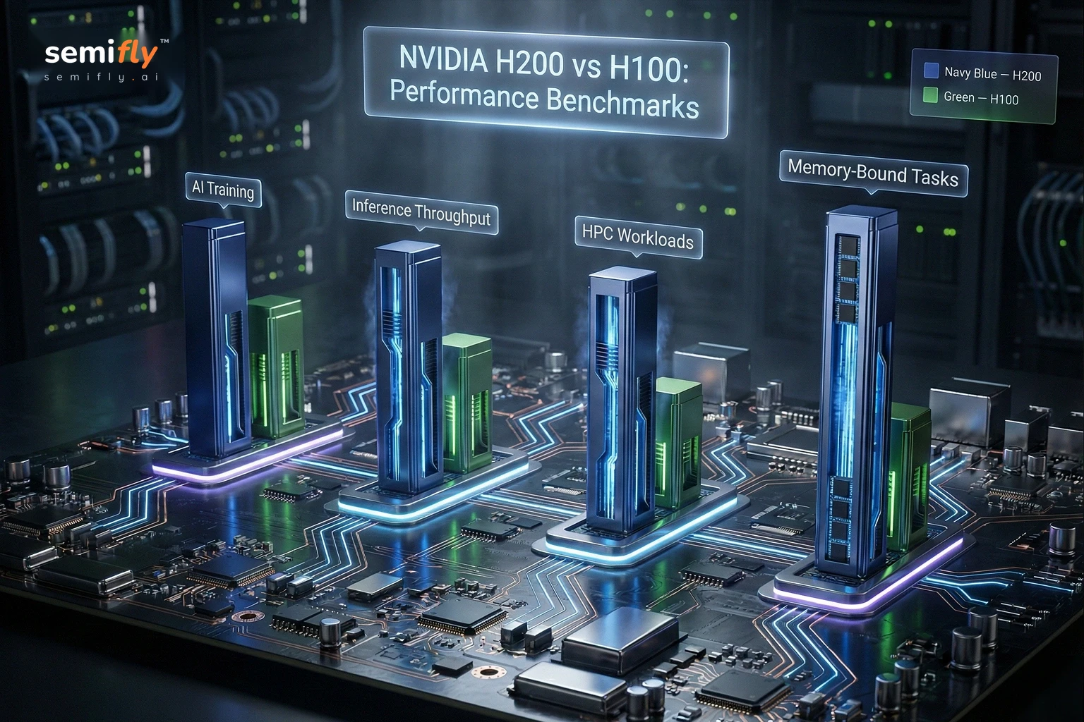 NVIDIA H200 vs H100 performance benchmark visualization comparing AI training, inference throughput, HPC, and memory-bound workloads.