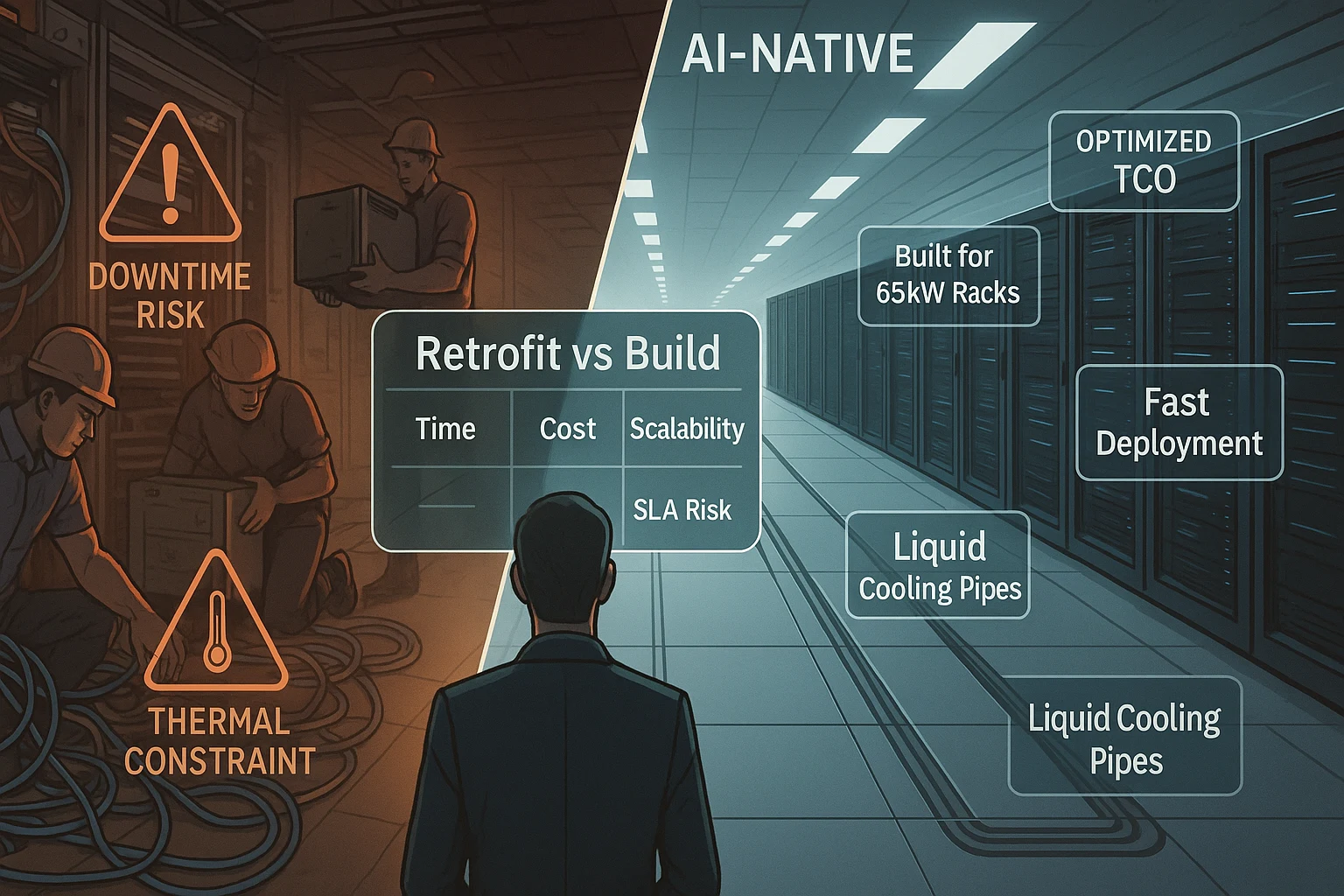 Split-screen view of retrofit vs new-build data center showing the challenges and benefits of each in managing AI server data center costs