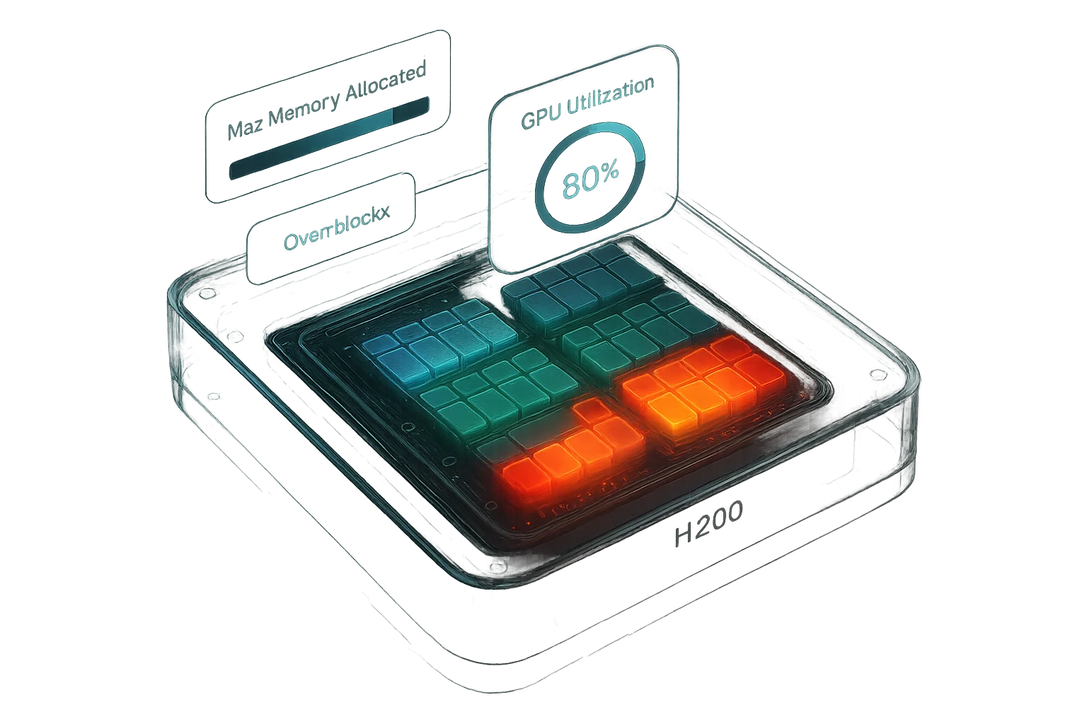 Exploded H200 GPU view showing dynamic memory usage blocks with heatmap glow and real-time GPU utilization metrics