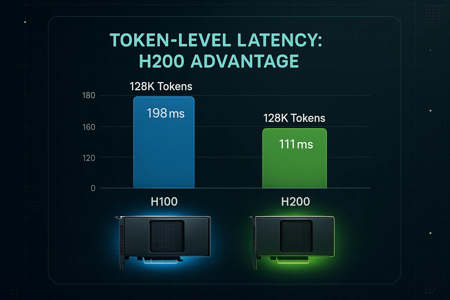 Latency comparison bars showing H200’s faster token processing versus H100.