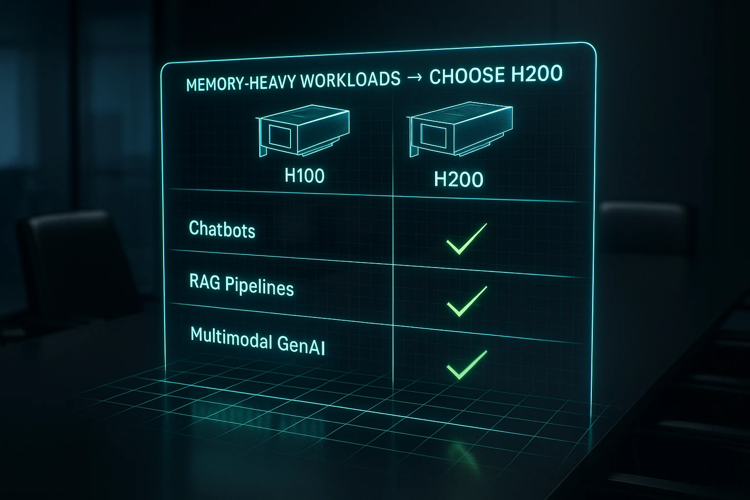 GPU selection matrix showing H200 preferred for memory-heavy AI workloads.