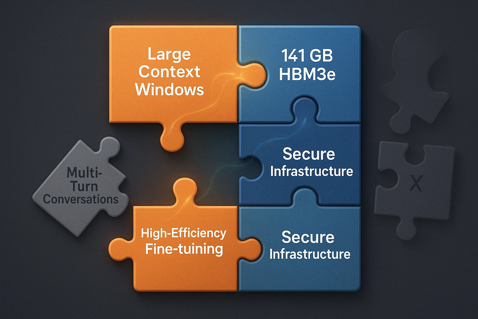 Interlocking puzzle pieces show Nvidia H200 capabilities fitting specific LLM requirements, emphasising perfect synergy and infrastructure fit for enterprise AI.