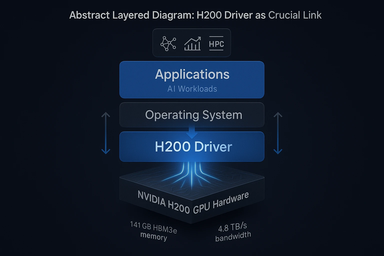Layered diagram: H200 drivers connect GPU hardware, CUDA, OS, and applications, unlocking full performance and features