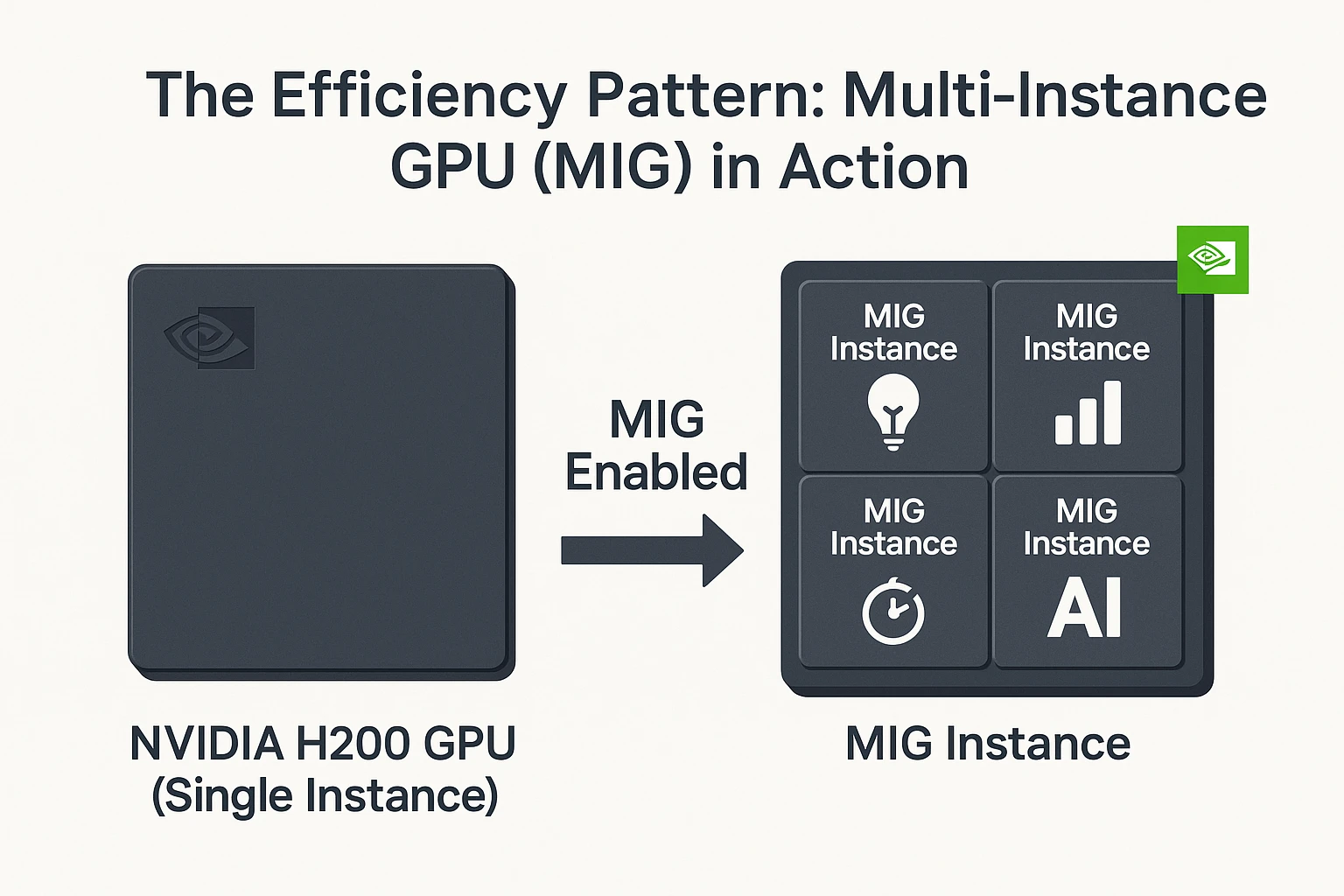 Diagram showing how Multi-Instance GPU (MIG) partitions a single NVIDIA H200 for multiple concurrent workloads