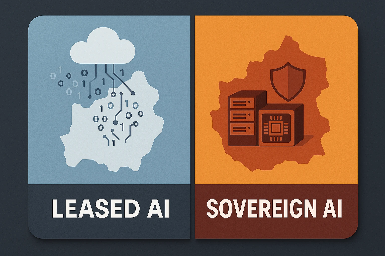 Visual contrasting leased AI (external cloud dependency) with sovereign AI (internal national infrastructure control)