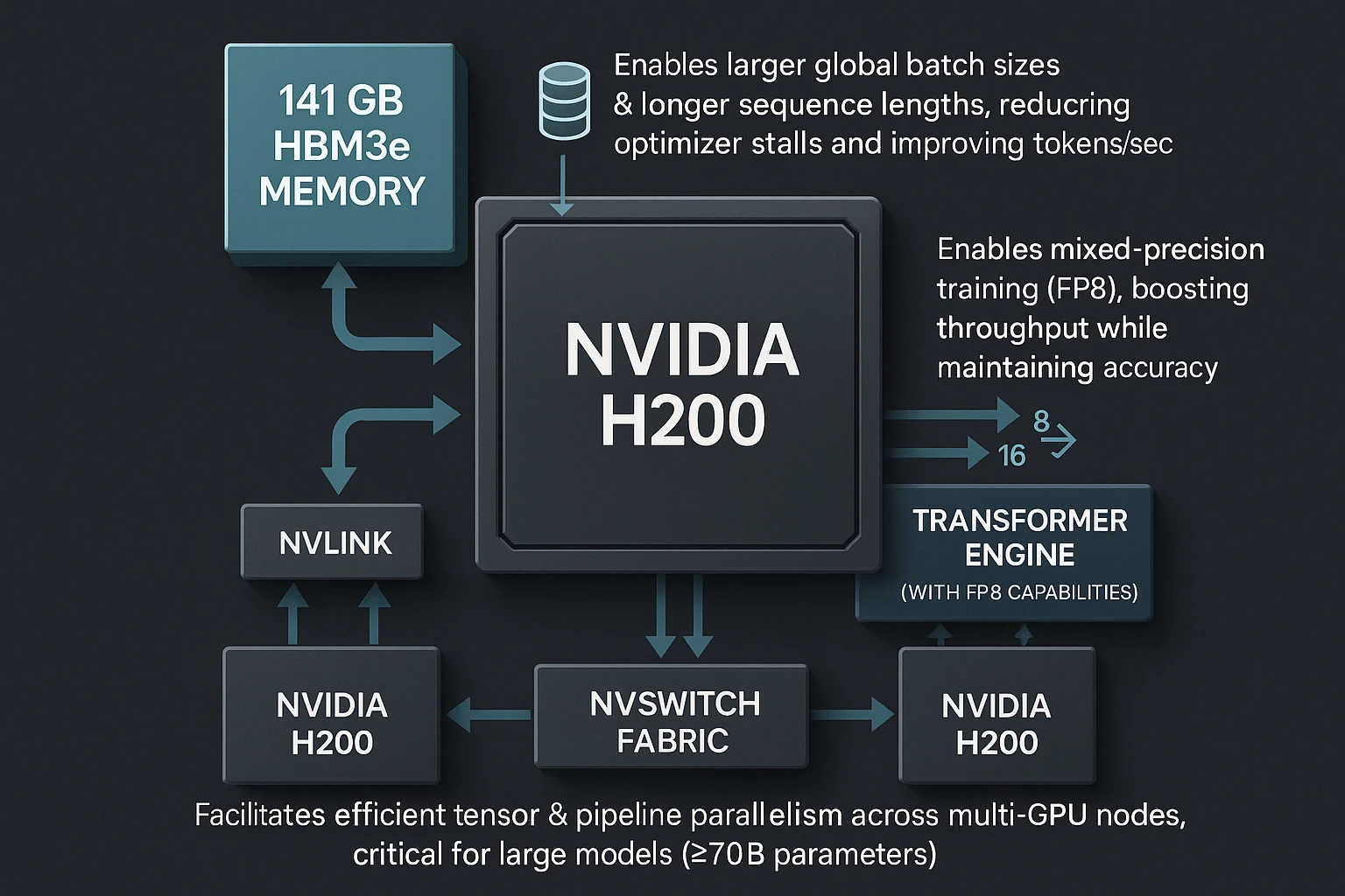NVIDIA H200 architecture diagram highlighting HBM3e memory, Transformer Engine, and NVLink for advanced AI