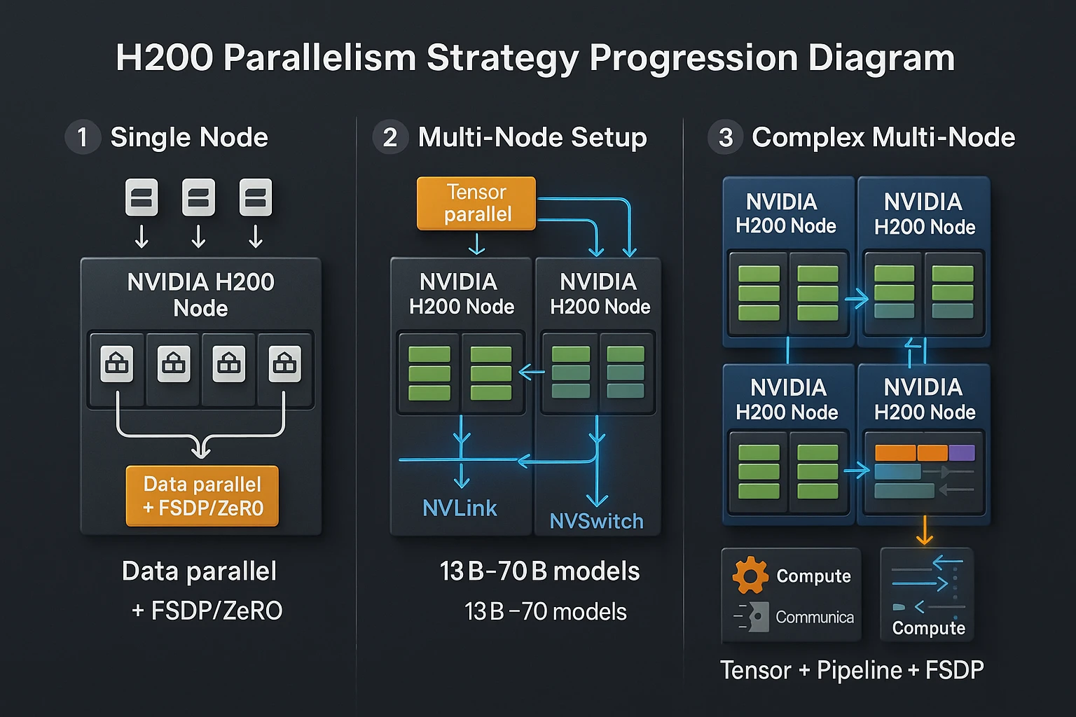 H200 parallelism strategy progression diagram, showing scaling for AI models from single to multi-node