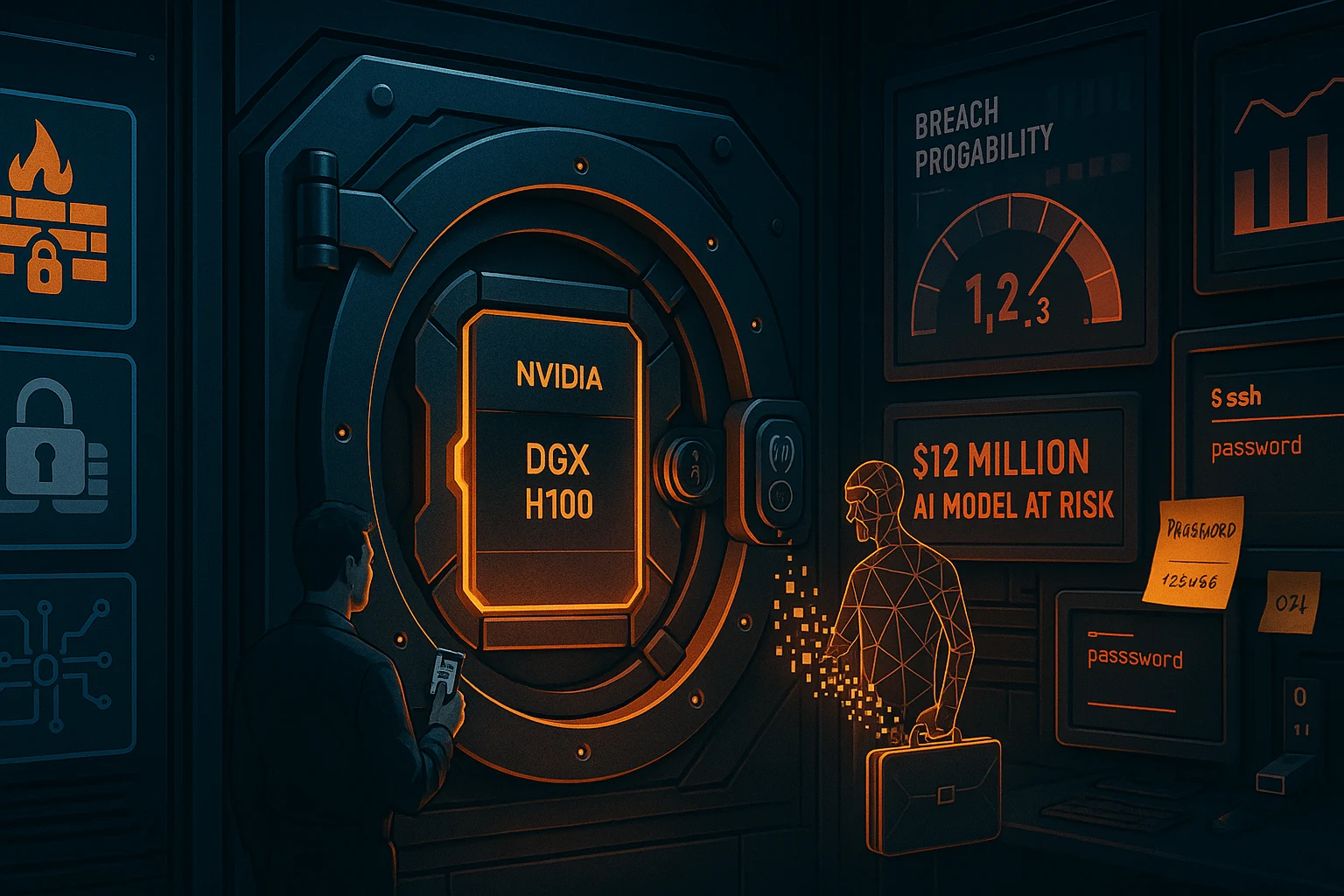 A high-security AI vault housing a DGX H100 is compromised by user negligence—passwords on sticky notes and open USB ports lead to AI model theft. 