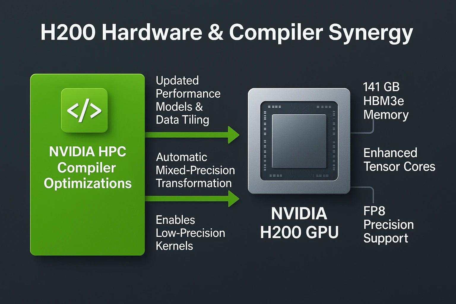 A diagram showing how compiler optimisations unlock specific hardware features of the central NVIDIA H200 GPU via connecting arrows