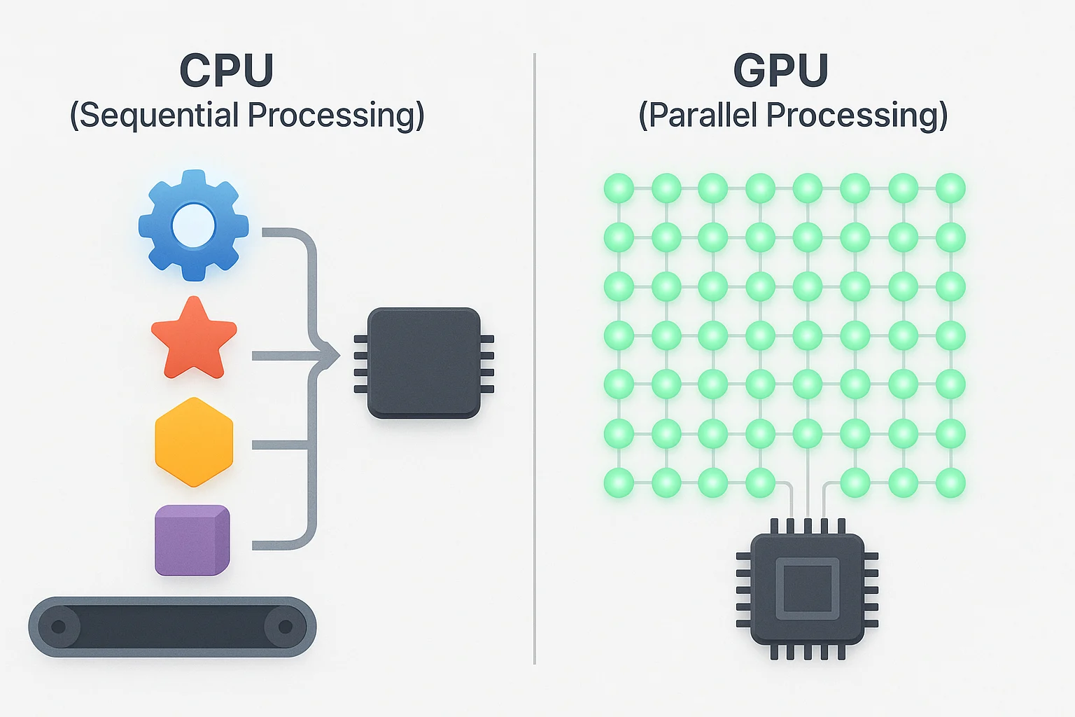 Infographic comparing CPU sequential processing to a GPU's massive parallel processing of thousands of tasks simultaneously
