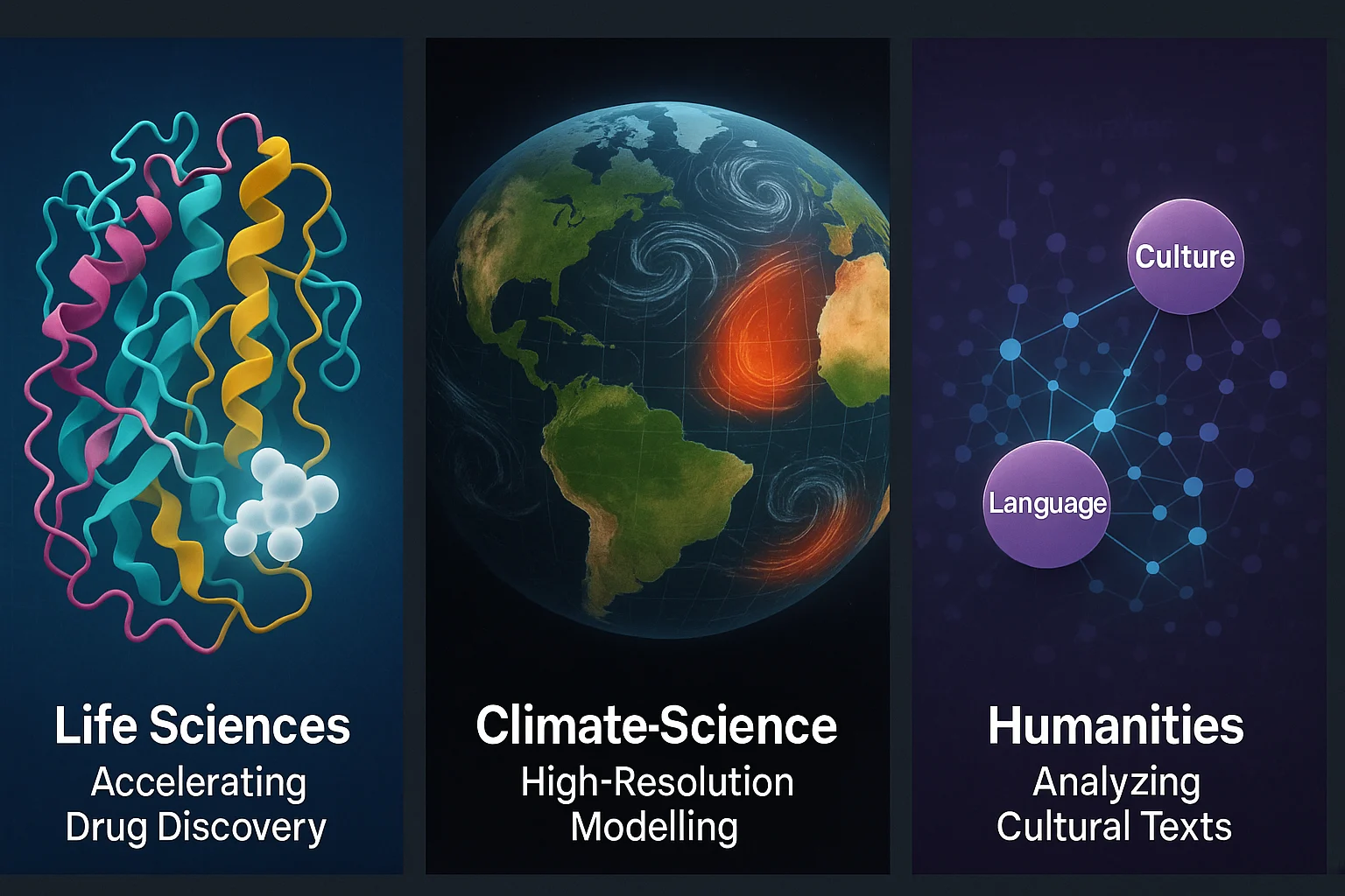 A triptych showing GPU research applications: a protein structure, Earth with data overlays, and an abstract network graph
