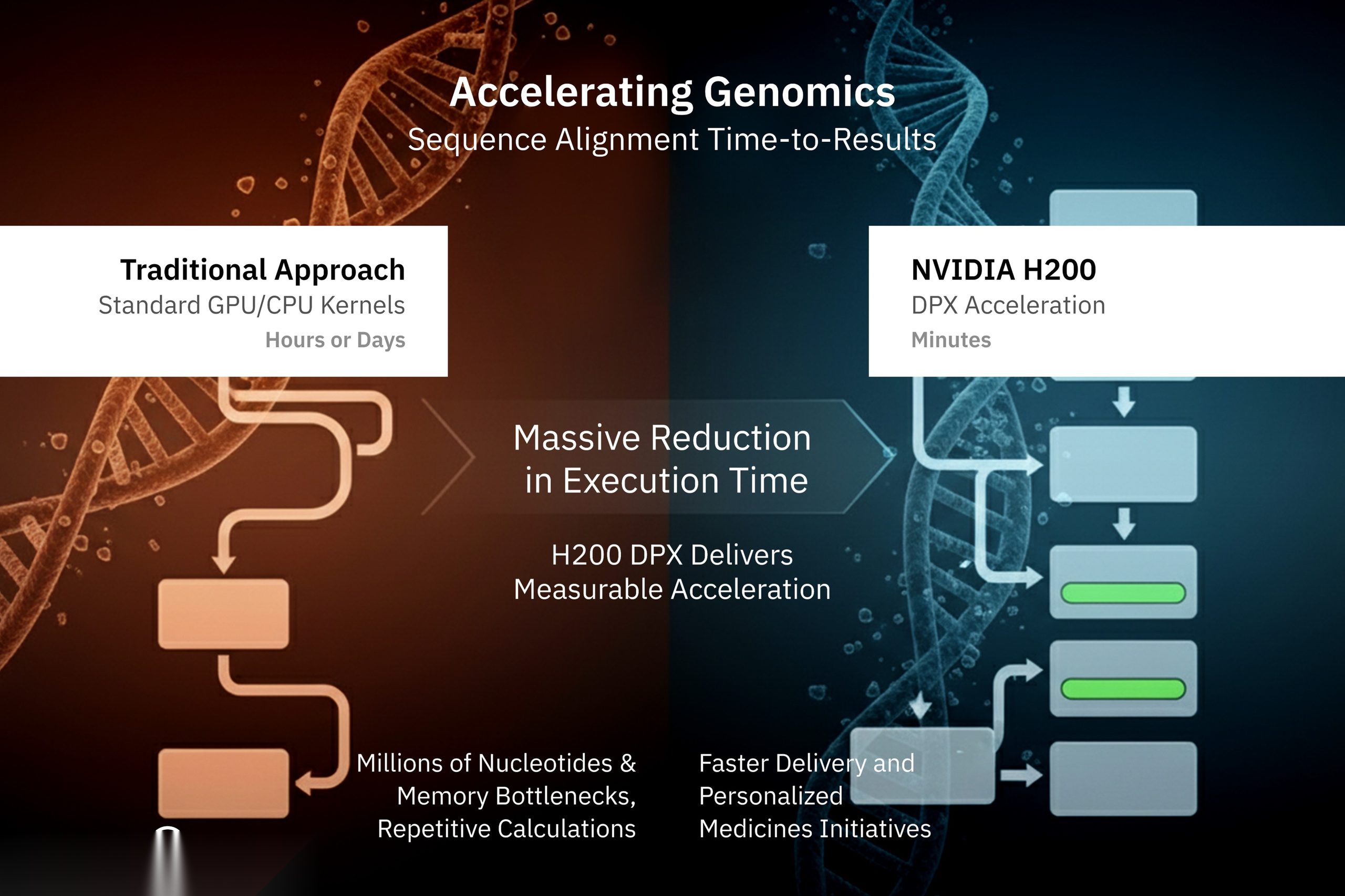 H200 DPX reduces Genomics Sequence Alignment time from hours/days to minutes, accelerating research&nbsp;