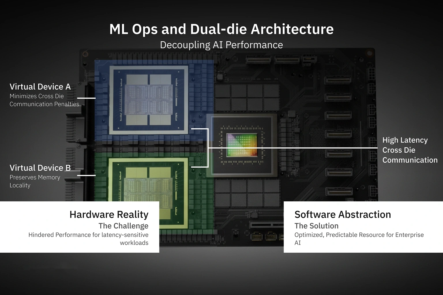 MLOPart visual abstraction; transforming B300 dual-die hardware into two virtual CUDA devices for better latency.
