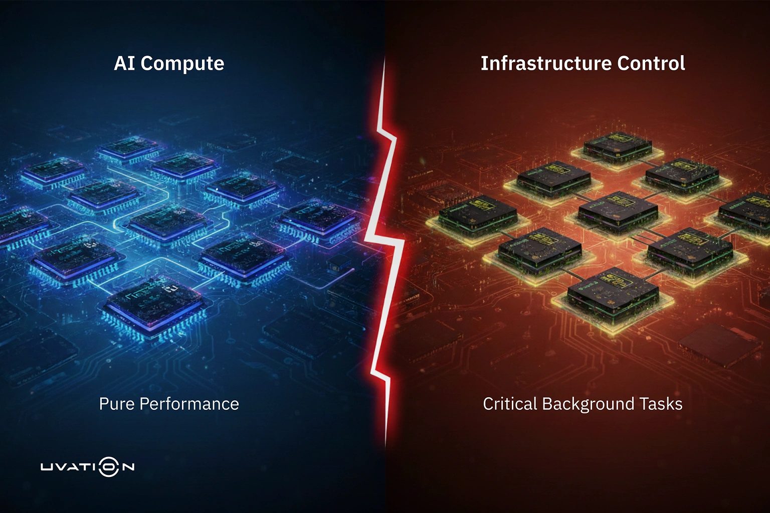 A split diagram illustrating the DGX B300's Dual-World Architecture. The left side, labelled "AI Compute," prominently features the Ultra GPUs dedicated to model execution and complex tasks like deep-chain attention acceleration