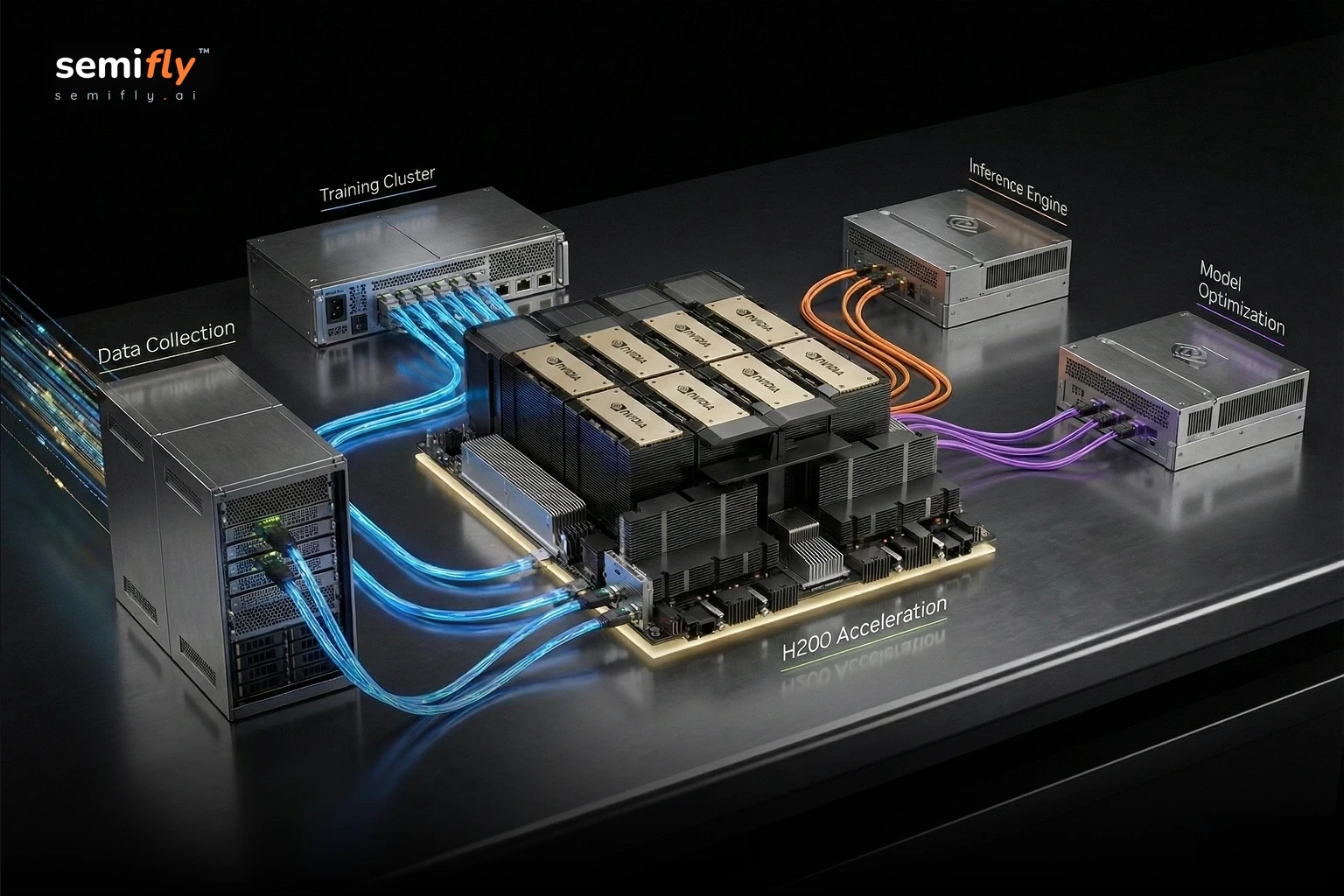 H200 acceleration workflow diagram connecting data collection, training cluster, inference engine, and model optimization around central GPU platform.